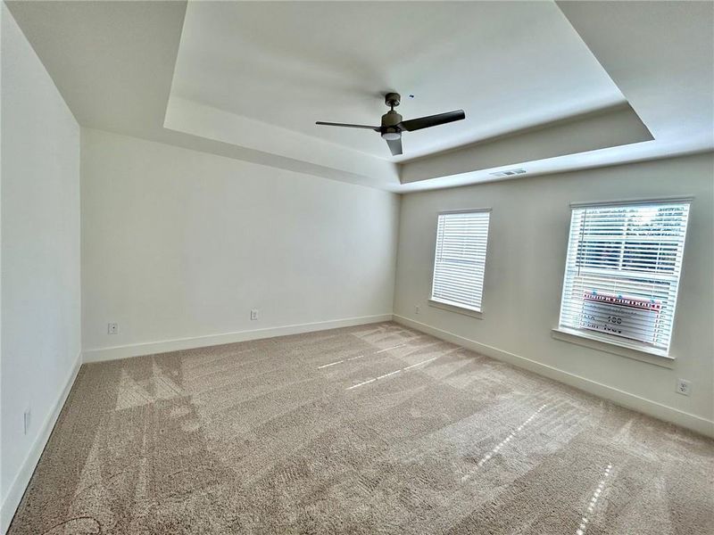 Carpeted spare room with a tray ceiling and ceiling fan