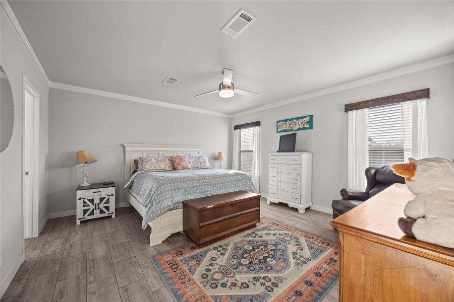 Bedroom featuring light wood finished floors, ornamental molding, multiple windows, and ceiling fan