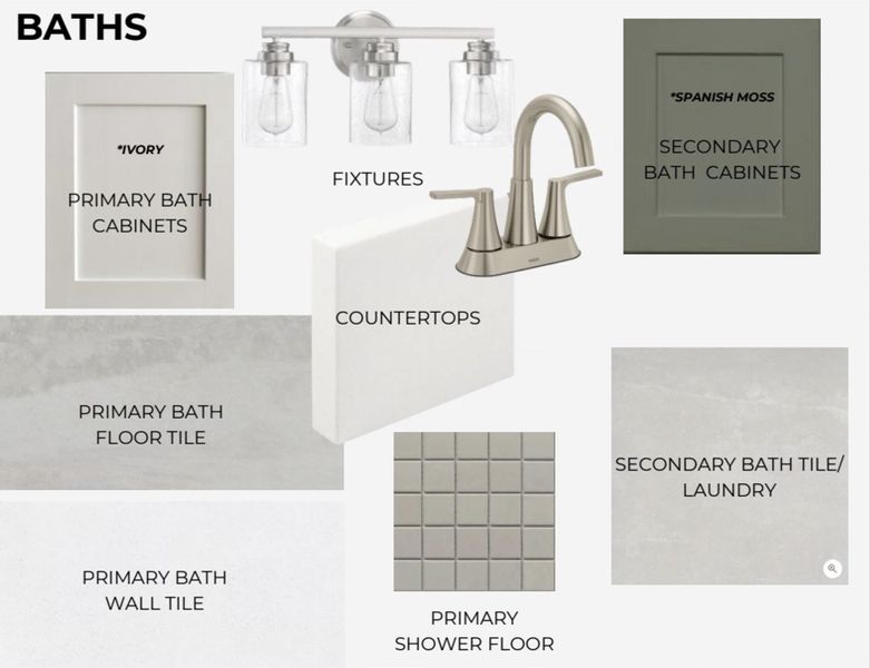 Materials Selection for Baths. Displaying selected finishes and fixtures for the property's primary and secondary bathing areas