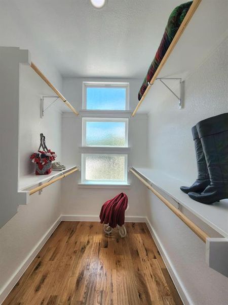 Walk in closet with hardwood / wood-style floors