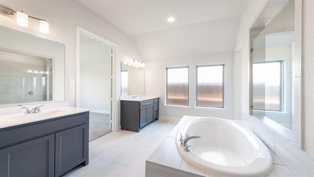 Bathroom featuring vanity, vaulted ceiling, and plus walk in shower