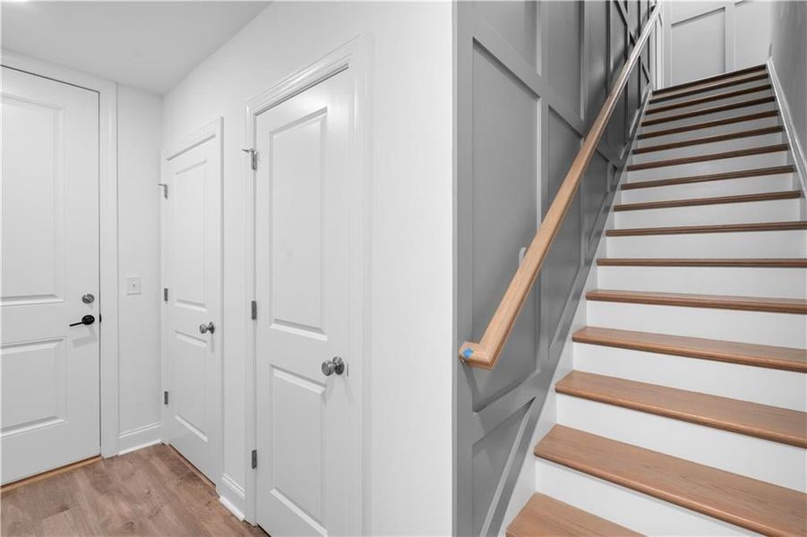 Hardwood flooring on hallways and stairs leading to main level living *Images shown are from a decorated model of the same floor plan. Design selections and color packages will vary by home.* Hardwood flooring on hallways and stairs leading to main level living *Images shown are from a decorated model of the same floor plan. Design selections and color packages will vary by home.*
