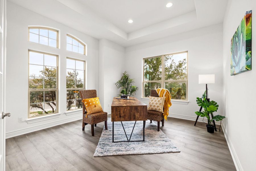 Sitting room featuring wood finished floors, a raised ceiling, and recessed lighting