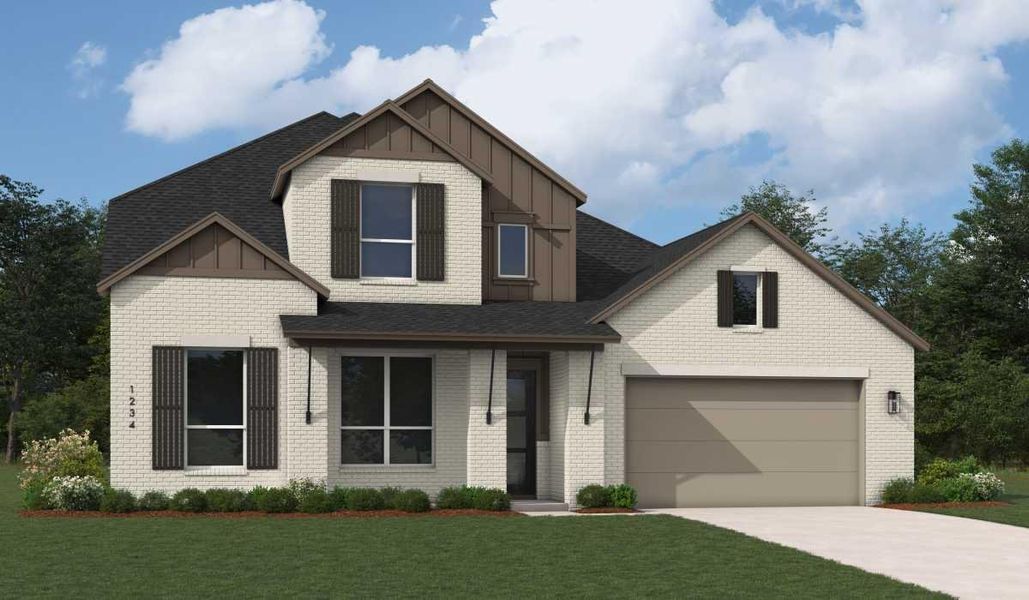 View of front of house with board and batten siding, brick siding, and a garage View of front of house with board and batten siding, brick siding, and a garage