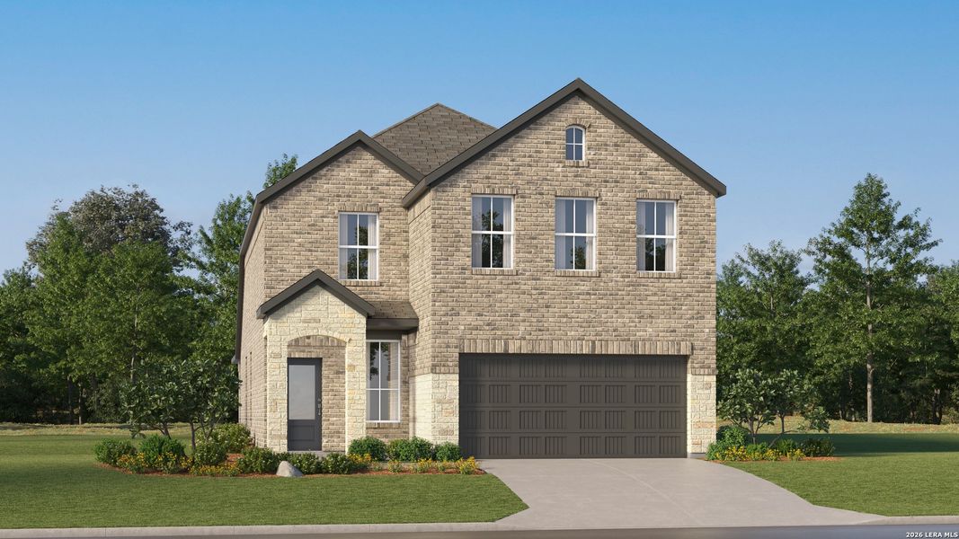 Front exterior of a new home in Kyndwood, New Braunfels, TX, highlighting curb appeal (Image 19). Front exterior of a new home in Kyndwood, New Braunfels, TX, highlighting curb appeal (Image 19).