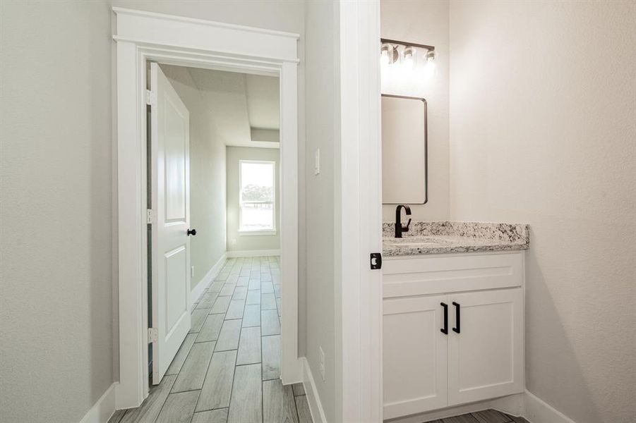 Hallway bathroom #2 featuring wood tiled floors and vanity Hallway bathroom #2 featuring wood tiled floors and vanity