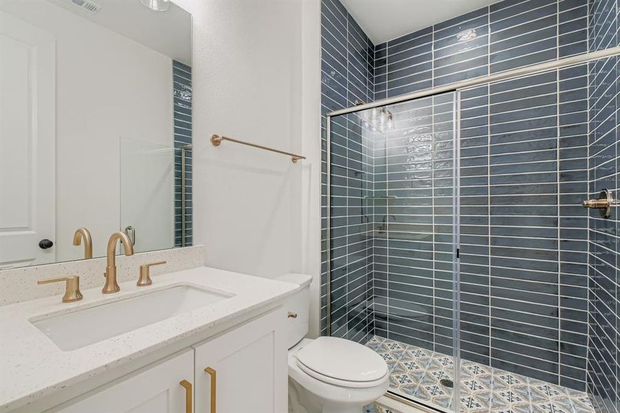 Full bathroom featuring vanity and a stall shower