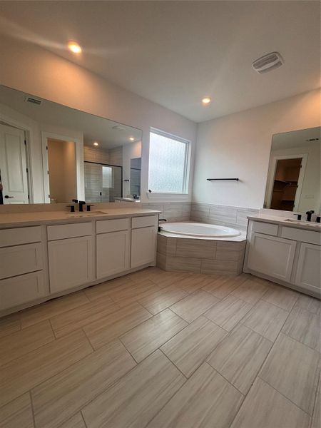 Full bath featuring a garden tub, visible vents, a stall shower, vanity, and a spacious closet Full bath featuring a garden tub, visible vents, a stall shower, vanity, and a spacious closet