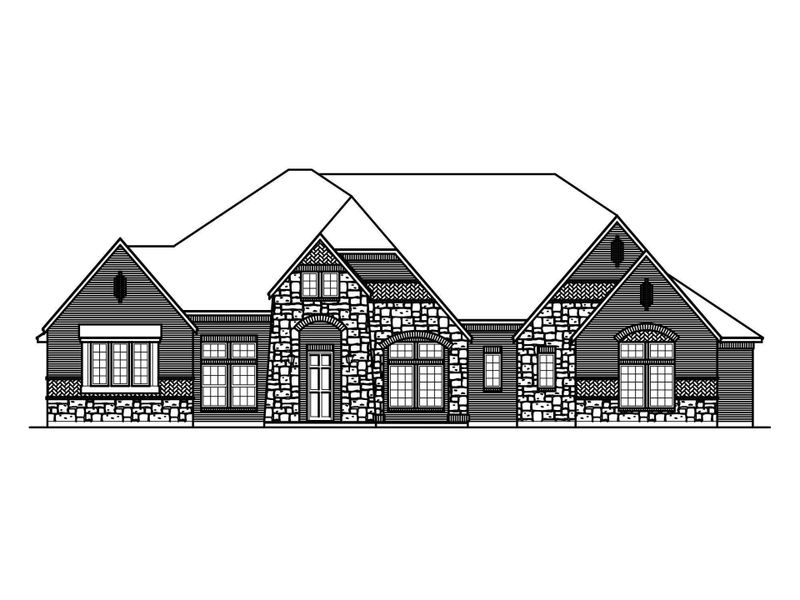 Architectural line drawing of a single-story home with stone and siding exterior and multiple gabled rooflines Architectural line drawing of a single-story home with stone and siding exterior and multiple gabled rooflines