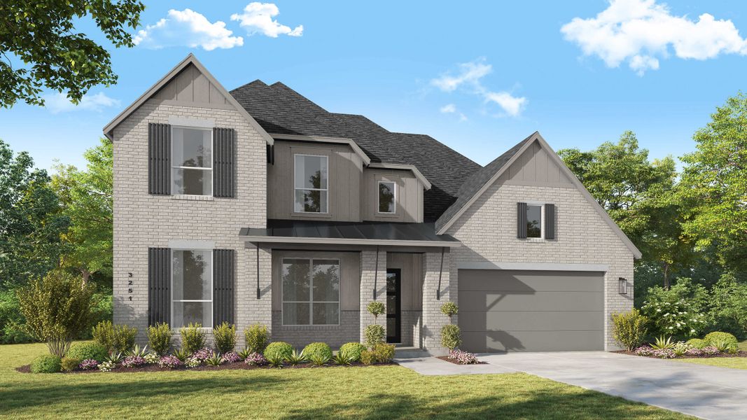 Representative exterior photo of a completed home built from the Millbeck Plan by Highland Homes in Mont Blanc, Schertz, TX (Image 19).