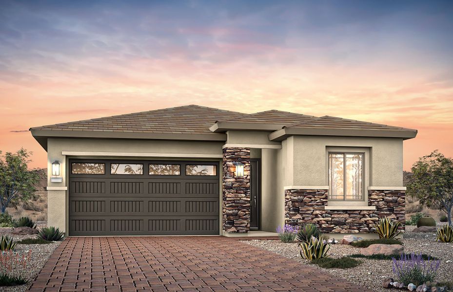 Representative exterior photo of a completed home built from the Verbena by Pulte Homes in Regent Hills - Meadow Series, Buckeye, AZ (Image 1). Representative exterior photo of a completed home built from the Verbena by Pulte Homes in Regent Hills - Meadow Series, Buckeye, AZ (Image 1).