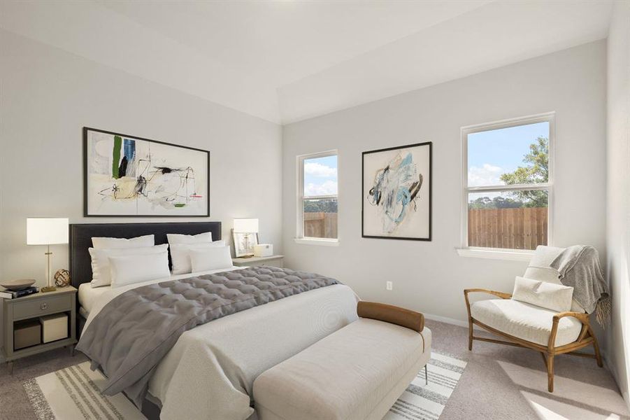 The primary bedroom is generously sized, creating a tranquil and spacious retreat that offers ample room for relaxation. Featuring plush carpet, high ceilings, fresh paint, and large windows that lets in natural lighting throughout the day.