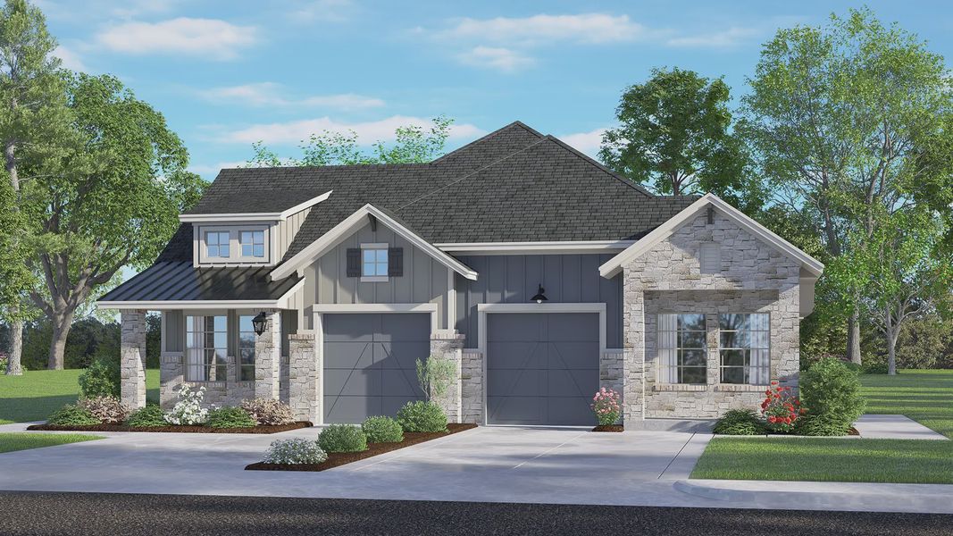 Representative exterior photo of a completed home built from the Chalet by Chesmar Homes in Meridiana Townhomes, Iowa Colony, TX (Image 6).