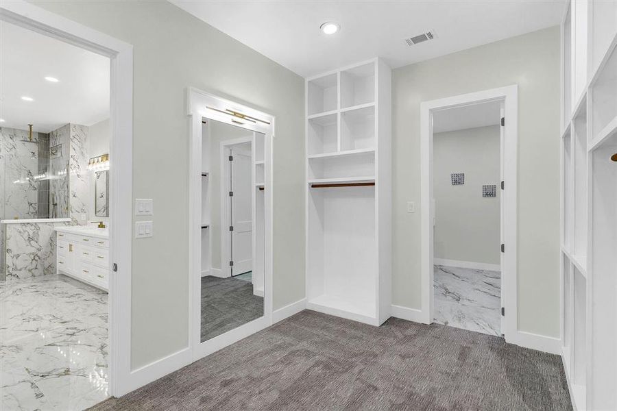 Walk in closet with light colored carpet