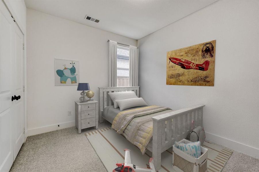Virtually staged photo - Bedroom featuring light colored carpet and a closet