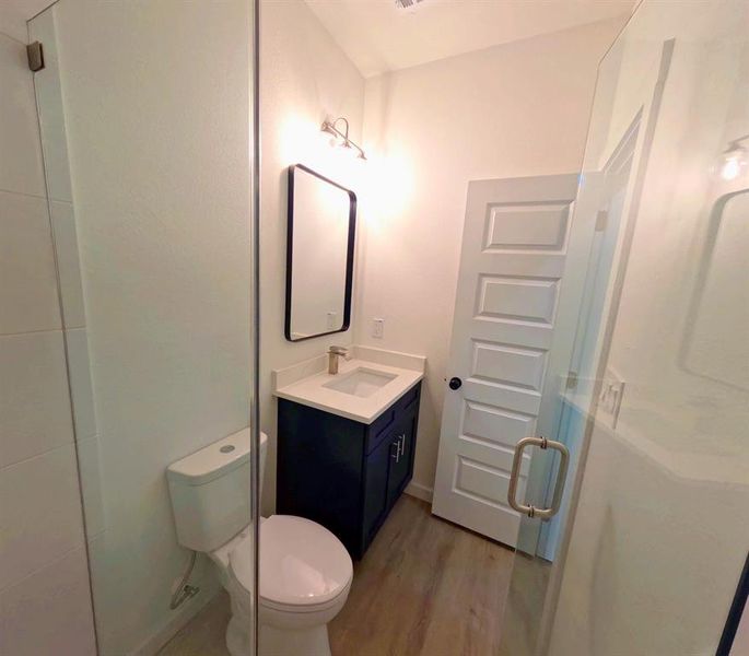 Bathroom featuring vanity, light wood-style flooring, and a stall shower Bathroom featuring vanity, light wood-style flooring, and a stall shower