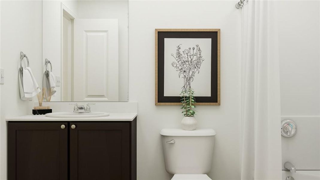 Bathroom featuring vanity and shower / tub combo with curtain Bathroom featuring vanity and shower / tub combo with curtain