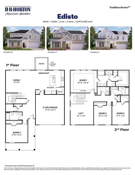 2D floor plan layout for the Edisto by D.R. Horton in Eagle Creek, Fuquay Varina, NC (Image 3).