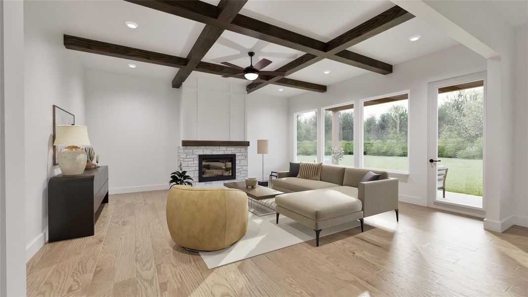 The living room includes a fire place with stoen detail and wood ceiling beams. The living room includes a fire place with stoen detail and wood ceiling beams.