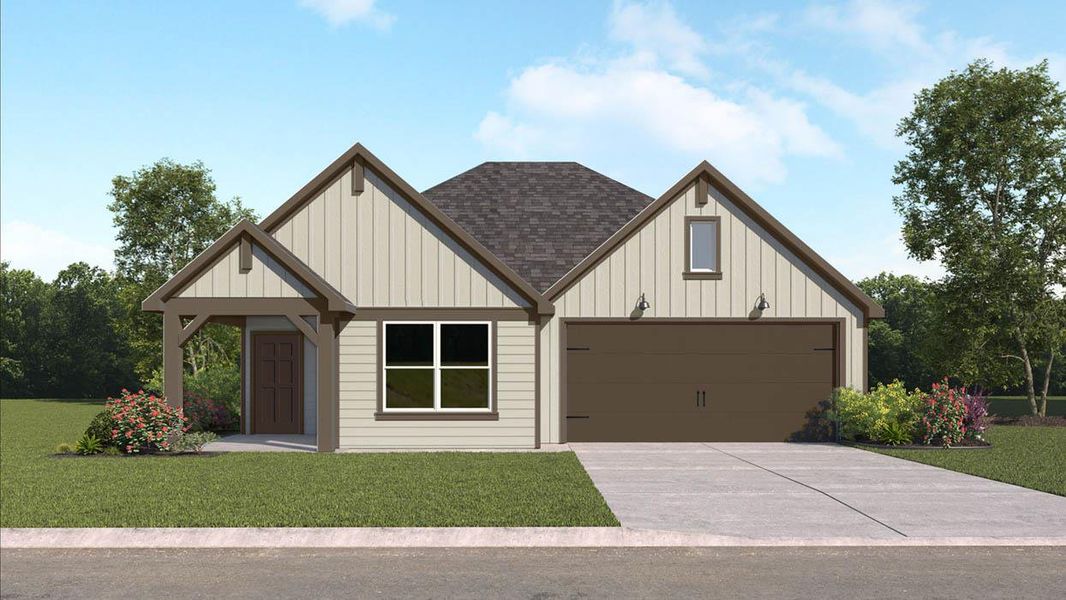 Modern farmhouse with a front yard, driveway, board and batten siding, roof with shingles, and a garage Modern farmhouse with a front yard, driveway, board and batten siding, roof with shingles, and a garage