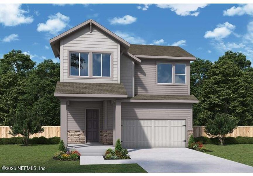 Front exterior of a new home in Seven Pines 40' Front Entry, Jacksonville, FL, highlighting curb appeal (Image 1). Front exterior of a new home in Seven Pines 40' Front Entry, Jacksonville, FL, highlighting curb appeal (Image 1).