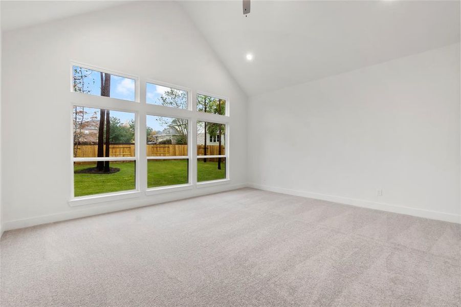 Primary Bedroom with Vaulted Ceiling, Fan, and Views of the Wooded Backyard