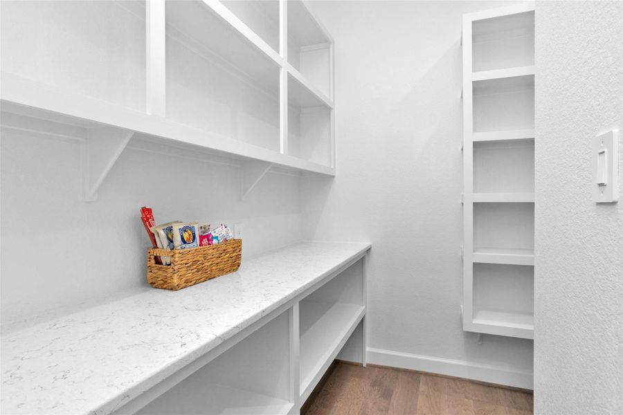 This spacious walk-in pantry offers ample storage with built-in shelving, quartz countertops for added prep space, and a clean, organized layout designed to keep everything within easy reach.