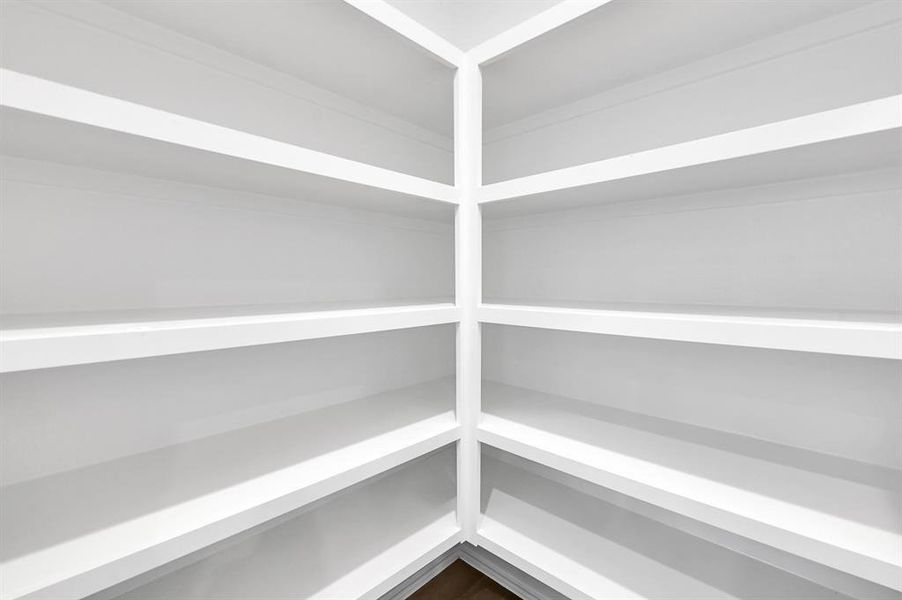 A spacious walk-in pantry provides ample storage for a wide variety of groceries and ingredients.