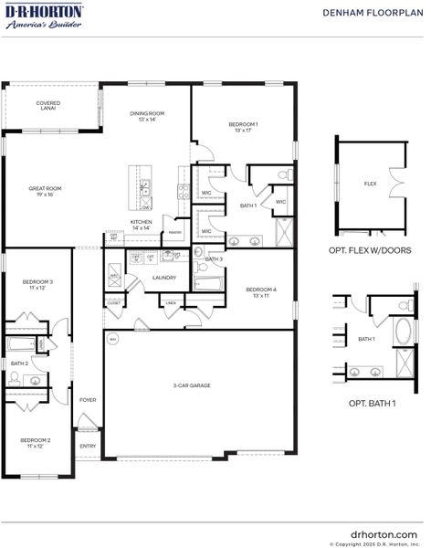 2D floor plan layout for the Denham by D.R. Horton in Indian River Preserve, Mims, FL (Image 3).
