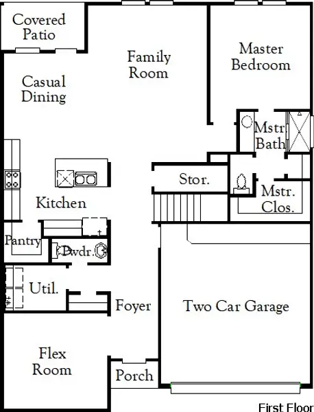 2D floor plan layout of this home in Riverbend at Double Eagle, Cedar Creek, TX (Image 2).