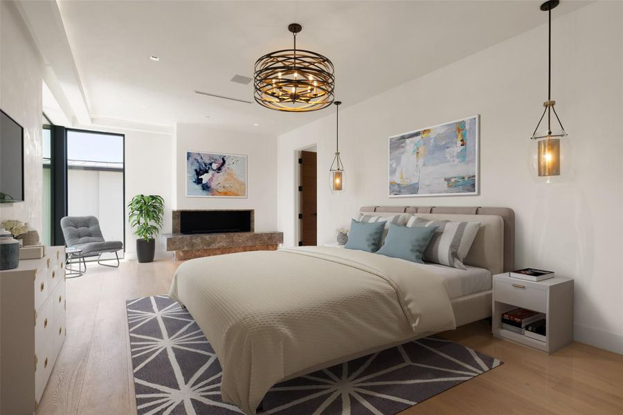Primary bedroom featuring light wood-style flooring, virtually staged