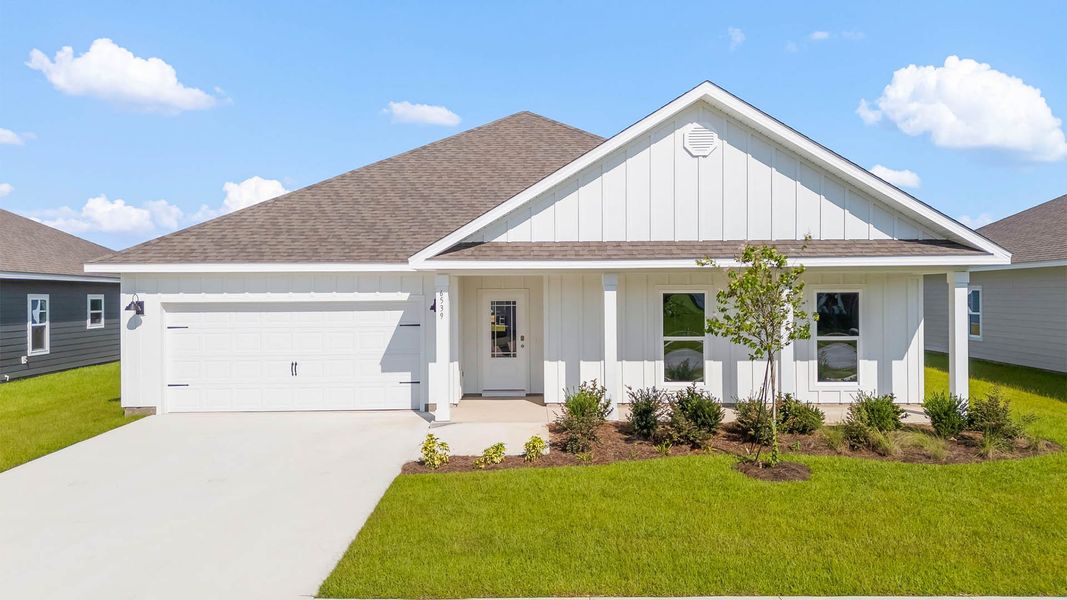 Front exterior of a new home in Liberty, Panama City, FL, highlighting curb appeal (Image 1). Front exterior of a new home in Liberty, Panama City, FL, highlighting curb appeal (Image 1).