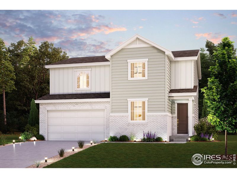 Front exterior of a new home in The Overlook at Johnstown Farms, Johnstown, CO, highlighting curb appeal (Image 1).