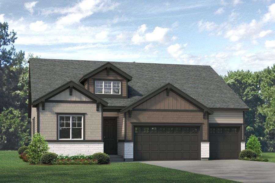 Representative exterior photo of a completed home built from the Minturn by Risewell Homes in Highlands Preserve, Mead, CO (Image 9).