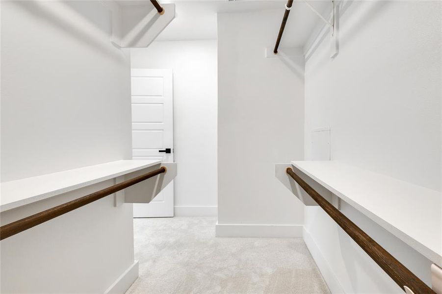 Spacious closet featuring light colored carpet