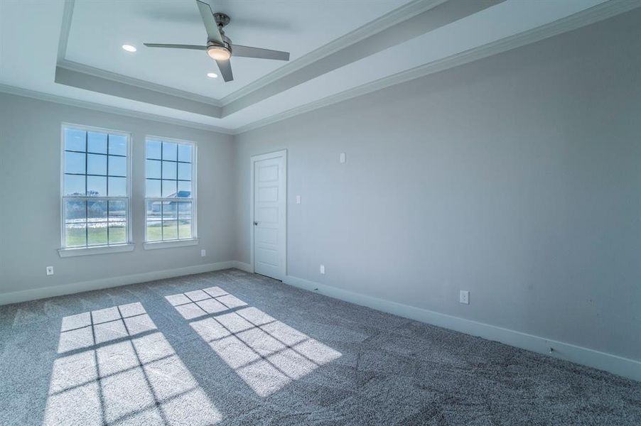 Unfurnished room featuring ornamental molding, a raised ceiling, a ceiling fan, carpet flooring, and recessed lighting