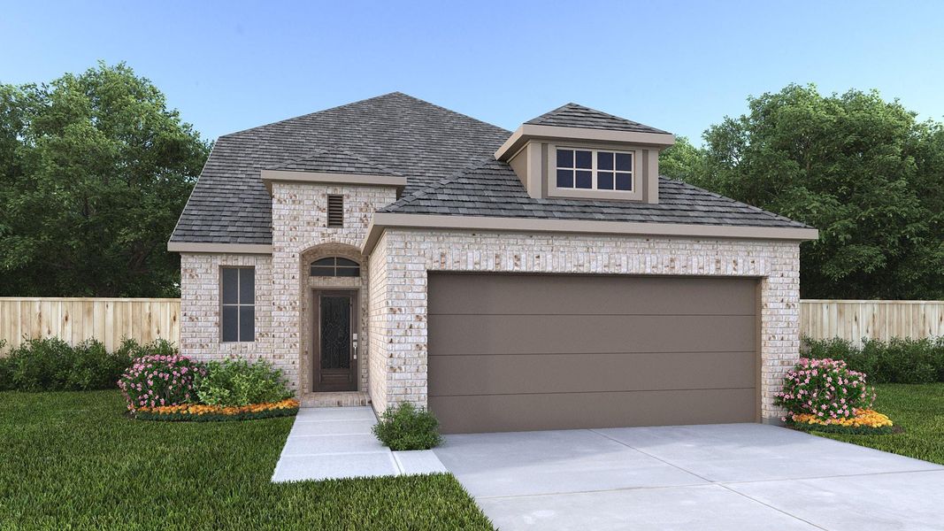 Front exterior of a new home in The Woodlands Hills, Willis, TX, highlighting curb appeal (Image 1). Front exterior of a new home in The Woodlands Hills, Willis, TX, highlighting curb appeal (Image 1).