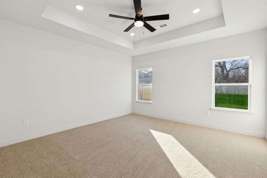 Unfurnished room with a healthy amount of sunlight and a tray ceiling