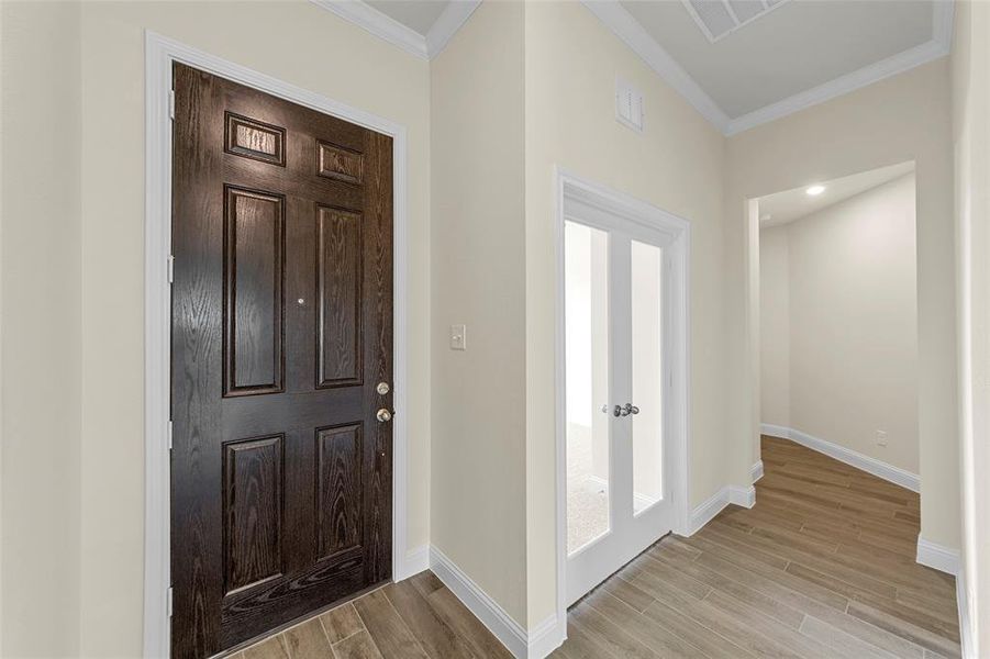 Entry foyer featuring wood-finish flooring, a paneled front door, white baseboards, and crown molding