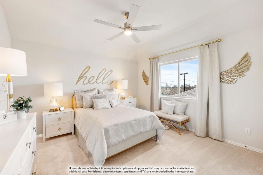 Bedroom with queen bed, ceiling fan, white dresser, and window with natural light Bedroom with queen bed, ceiling fan, white dresser, and window with natural light