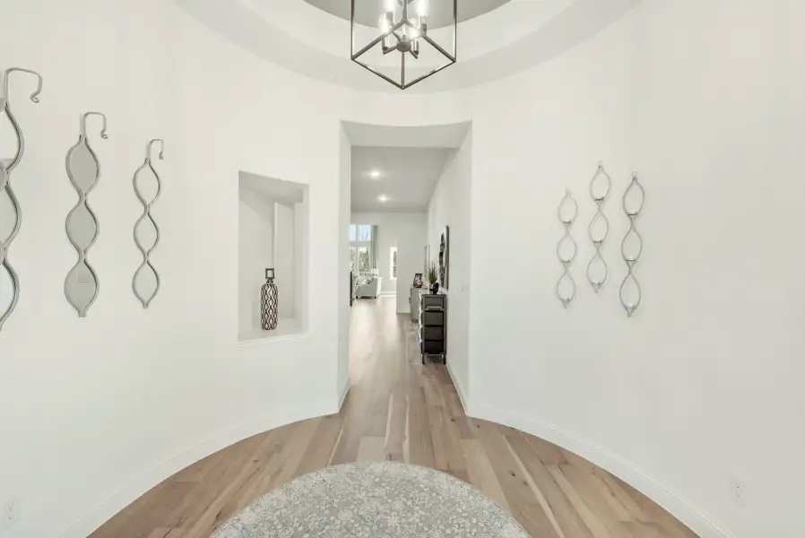 Curved entryway with hardwood floors, tray ceiling, pendant light, and decorative wall art leading to hallway