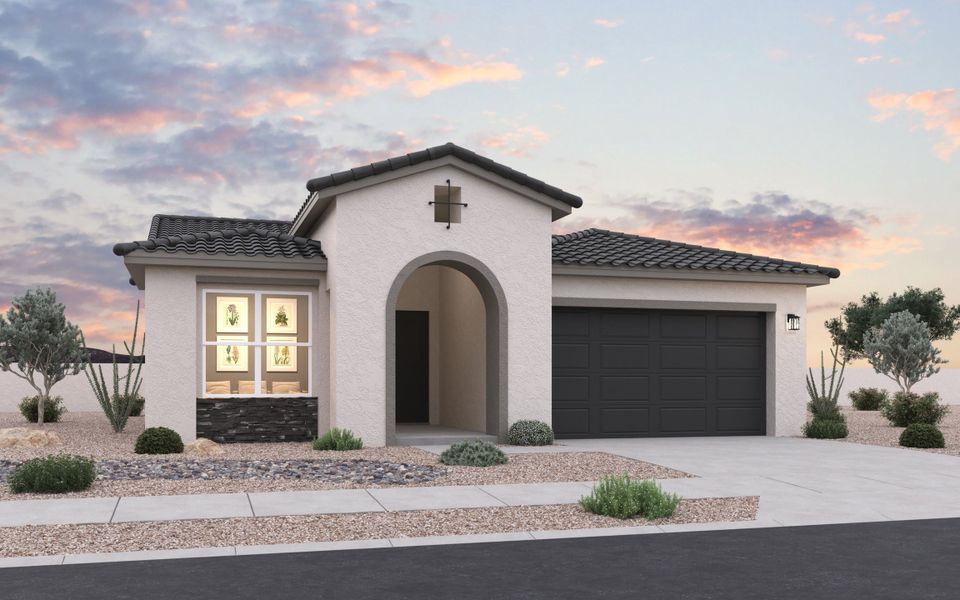 Front exterior of a new home in Sunrise, Surprise, AZ, highlighting curb appeal (Image 1). Front exterior of a new home in Sunrise, Surprise, AZ, highlighting curb appeal (Image 1).