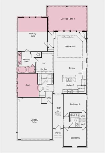 Structural options added include: Fireplace, gourmet kitchen 2, slide-in tub at owner's bath, bench at owner's entry, extended owner's suite with covered outdoor living 1, study and 12" pop-up ceiling at gathering room