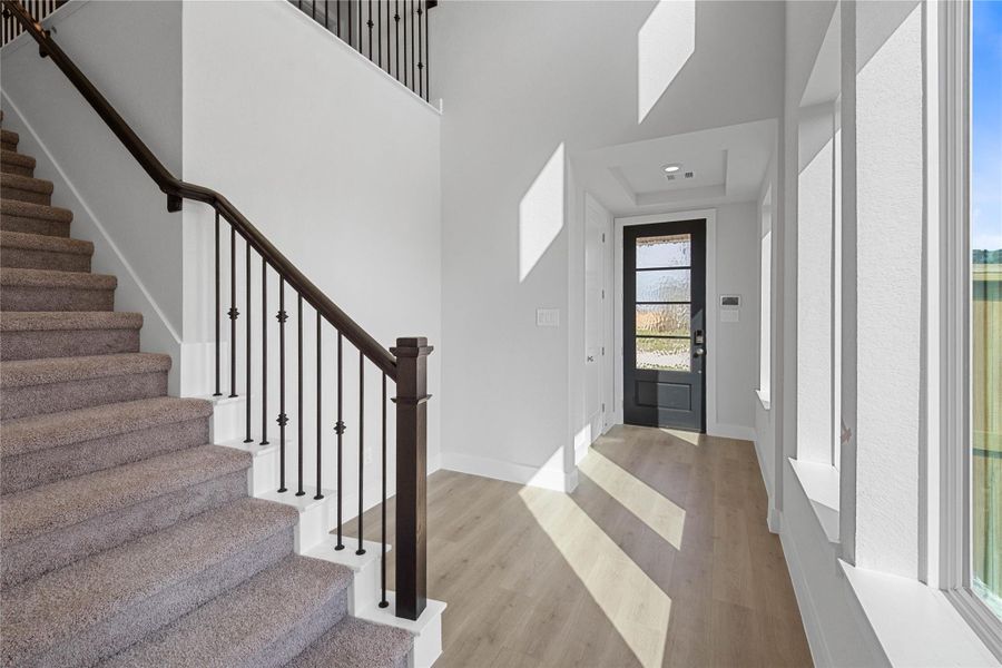 A bright and open interior entryway focuses on modern design and natural light. The staircase features black iron balusters and a rich, dark wood handrail, contrasting elegantly with the light carpeted steps. The space is amplified by high ceilings and generous natural light pouring in from large windows, creating an airy and welcoming first impression.