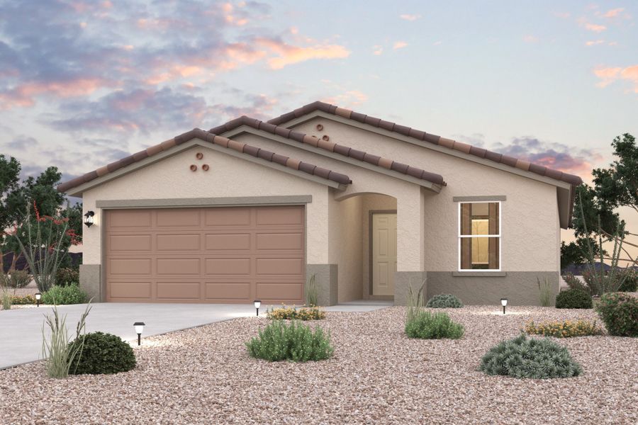Front exterior of a new home in Montano Ridge, Bullhead City, AZ, highlighting curb appeal (Image 1).