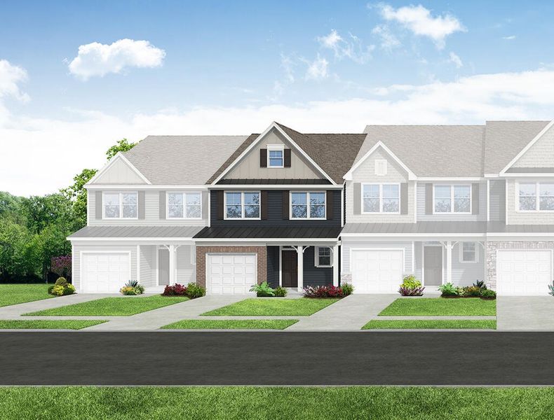 Front exterior of a new home in Bellevue Townhomes, Greenville, SC, highlighting curb appeal (Image 1). Front exterior of a new home in Bellevue Townhomes, Greenville, SC, highlighting curb appeal (Image 1).