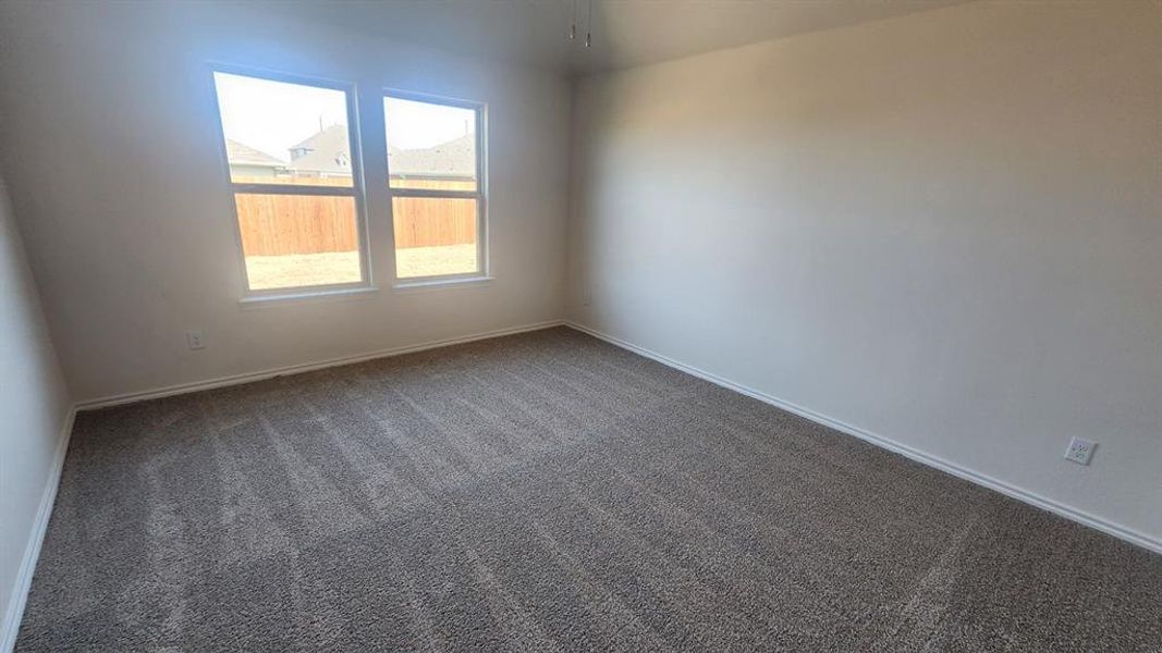 Neutral color palette with textured carpeting, white walls, dual windows, and ceiling fan Neutral color palette with textured carpeting, white walls, dual windows, and ceiling fan