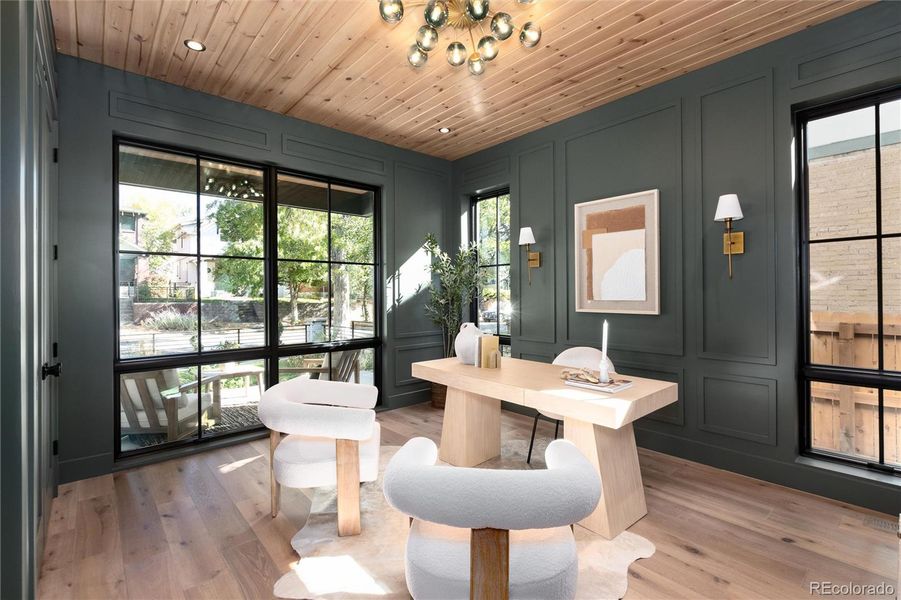 Office with custom wood work and tongue & groove ceiling Office with custom wood work and tongue & groove ceiling