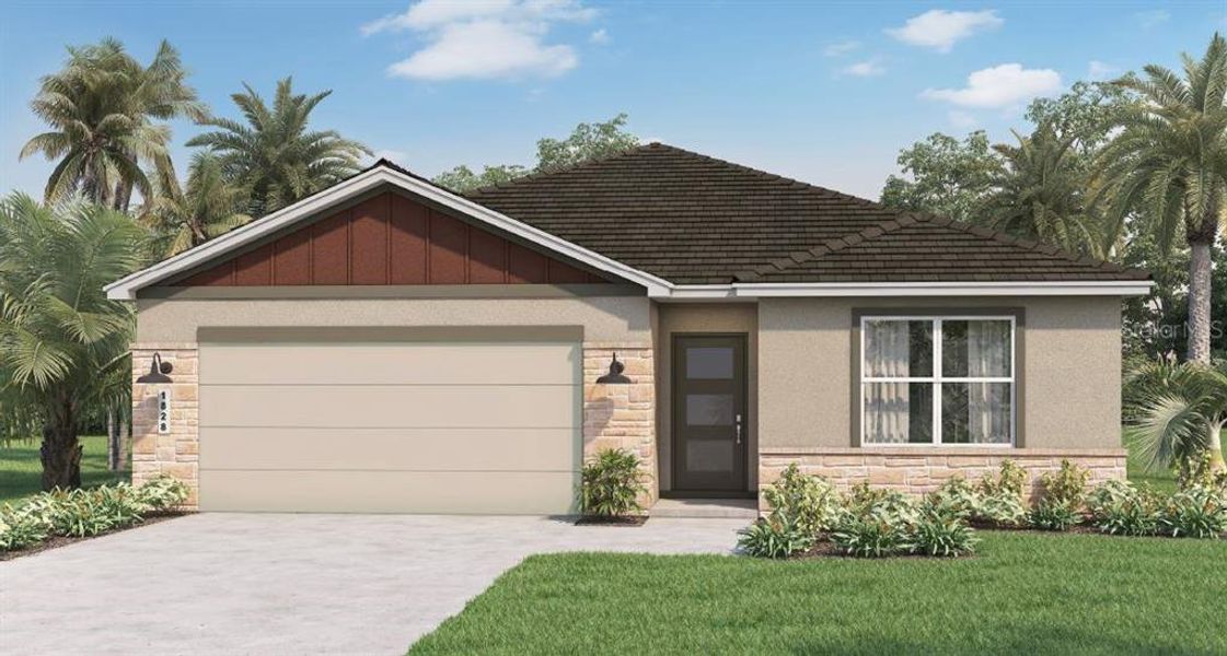 Front exterior of a new home in Buena Lago, St. Cloud, FL, highlighting curb appeal (Image 1).