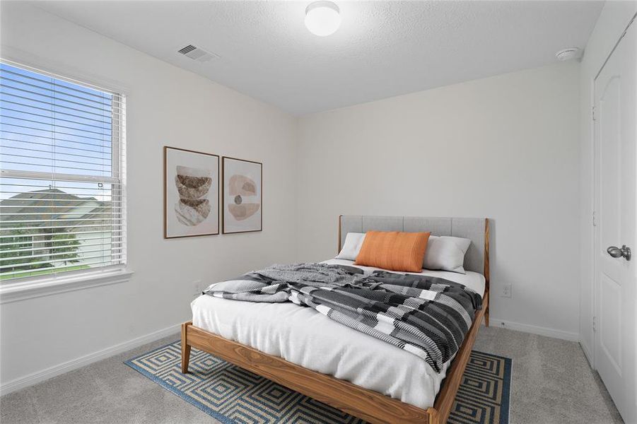 Secondary bedroom features plush carpet, custom paint and large windows.